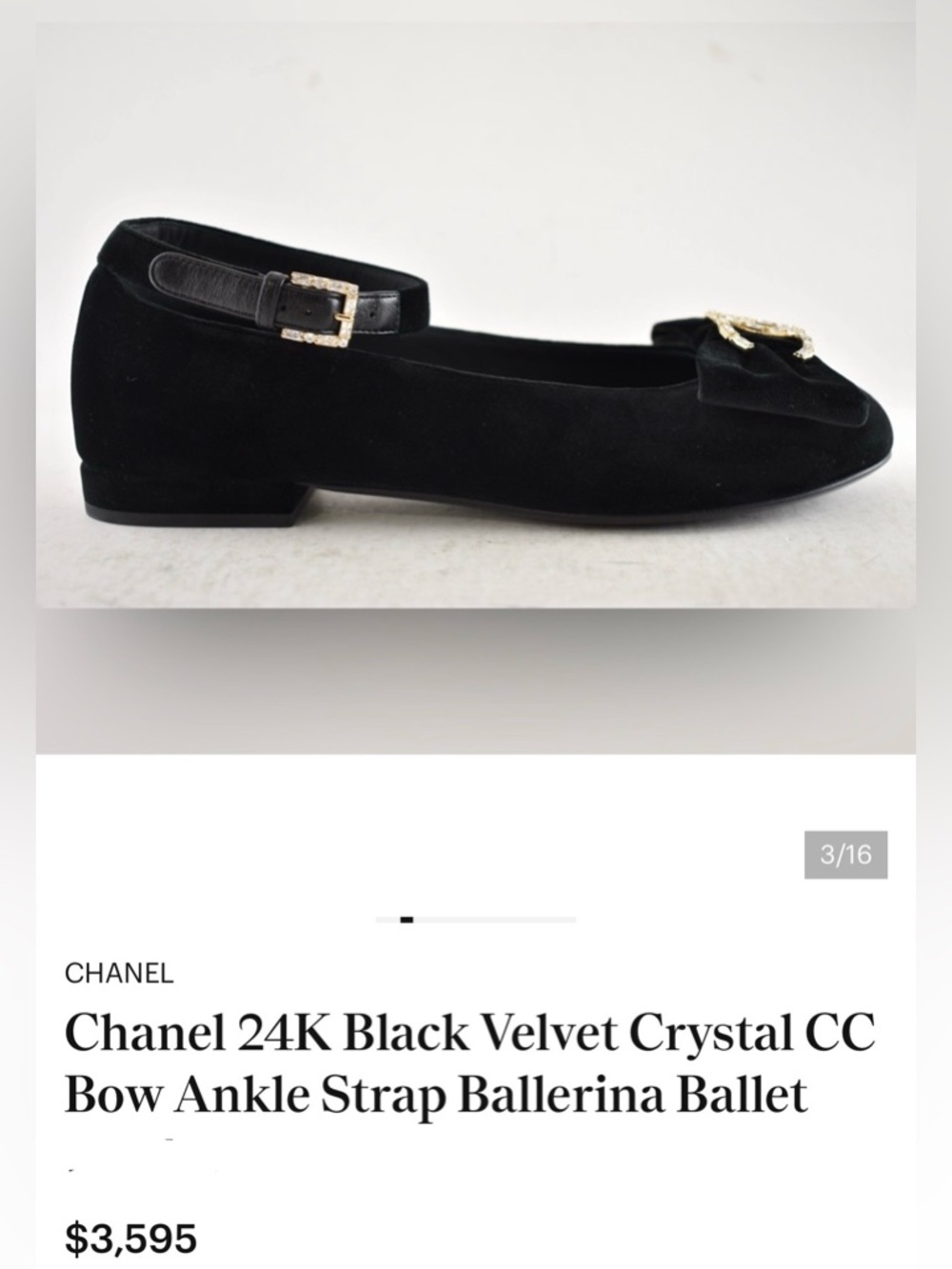 NWOT CHANEL 24K Black Velour Crystal CC-bow Embellished Ankle-Strap Flats 37 - Picture 9 of 16